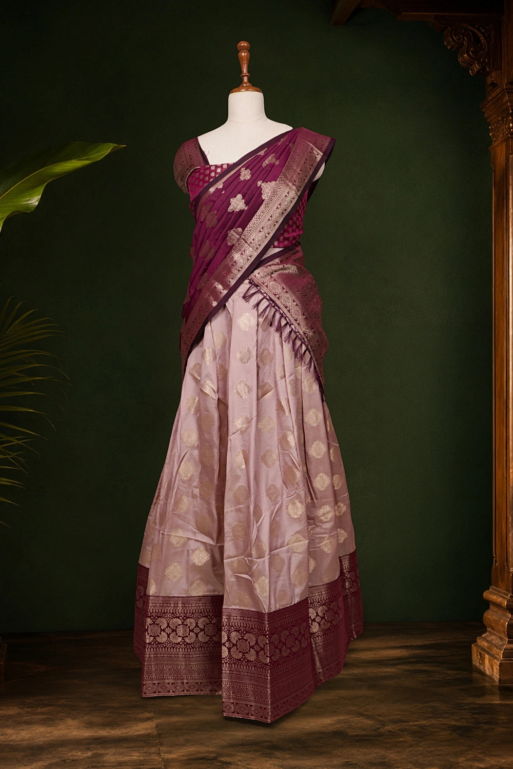Wine And Lavender Color Silk Dhavani Set