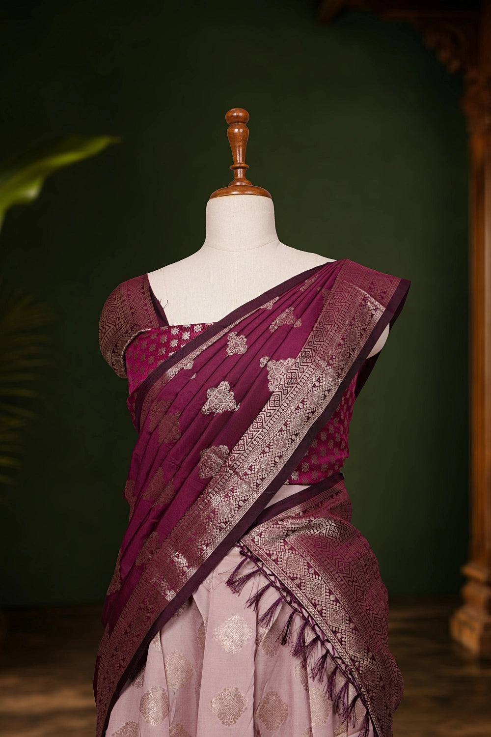 Wine And Lavender Color Silk Dhavani Set