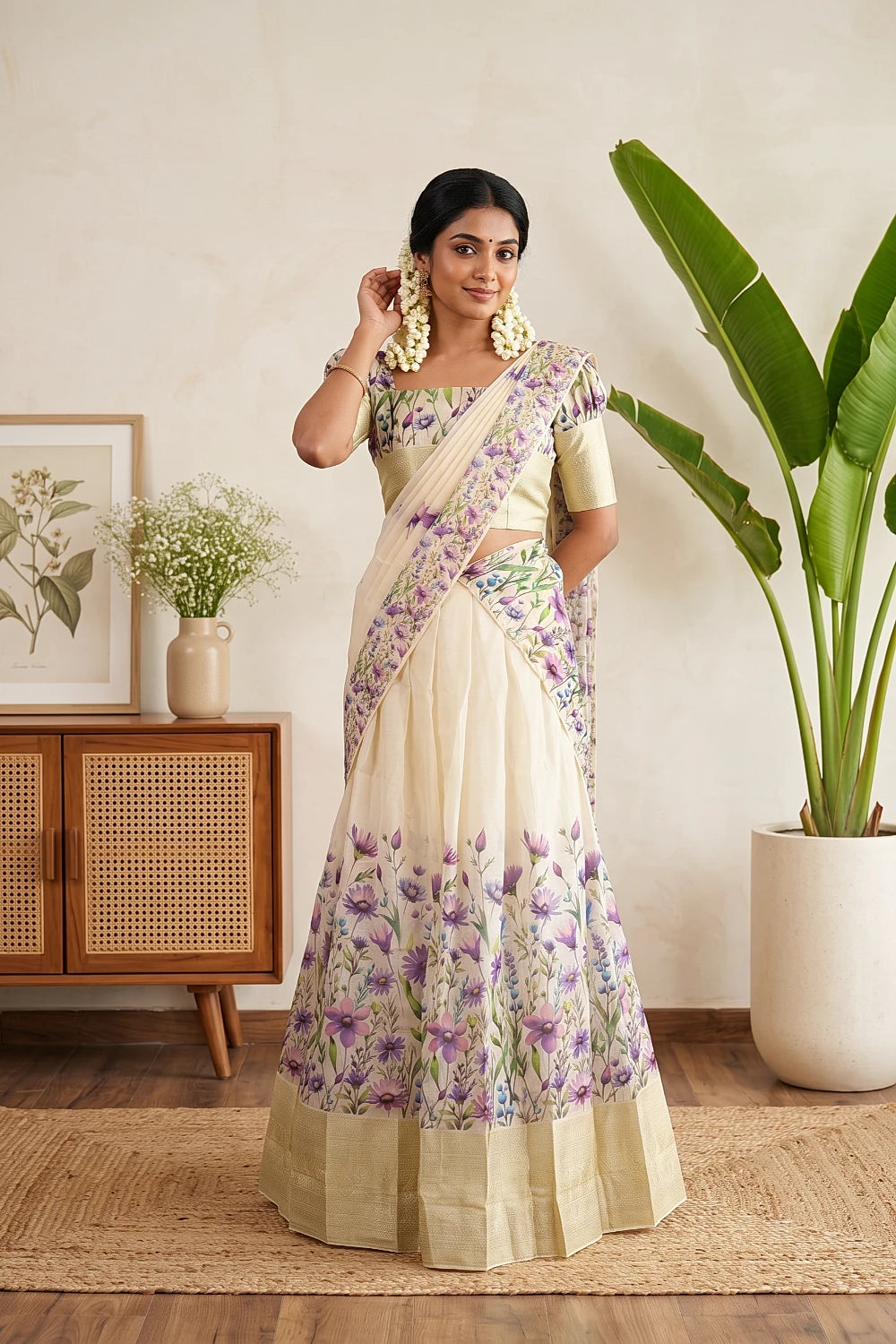 Cream Color Kanchi Cotton Dhavani Set