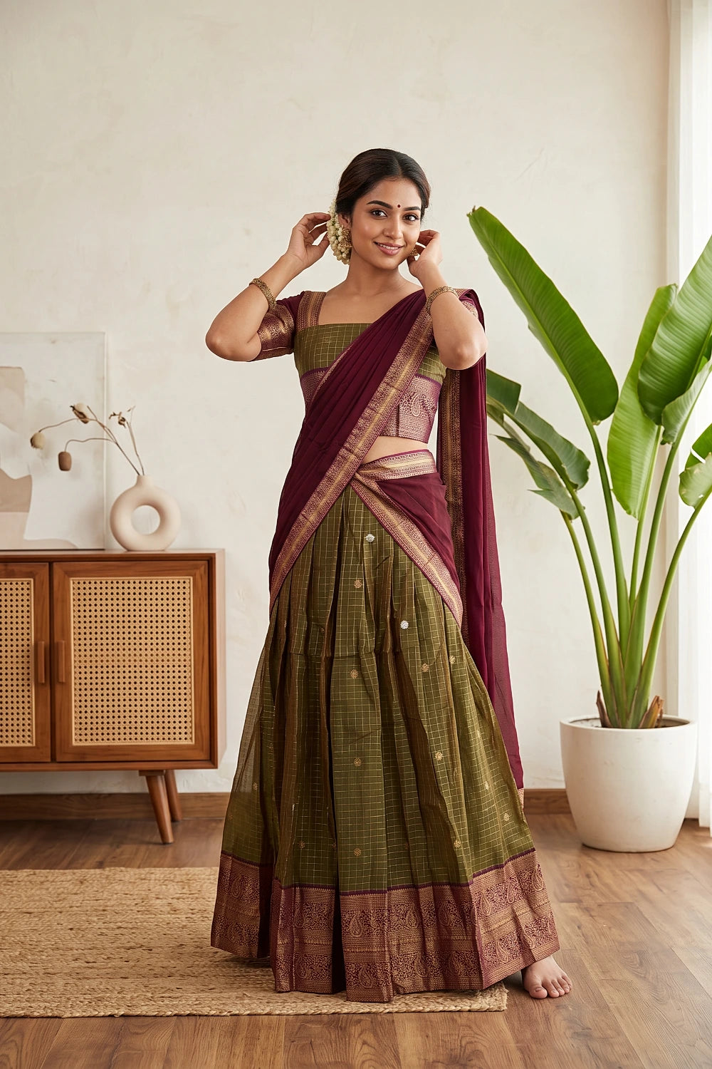 Mehandi Green Kanchi Cotton Dhavani Set
