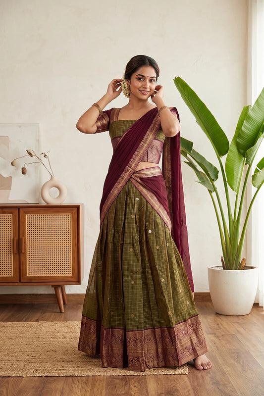 Mehandi Green Kanchi Cotton Dhavani Set - Seematti