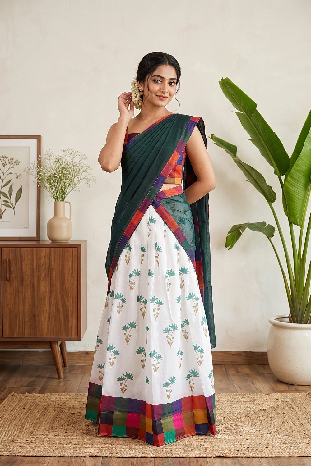 White Color Kanchi Cotton Dhavani Set