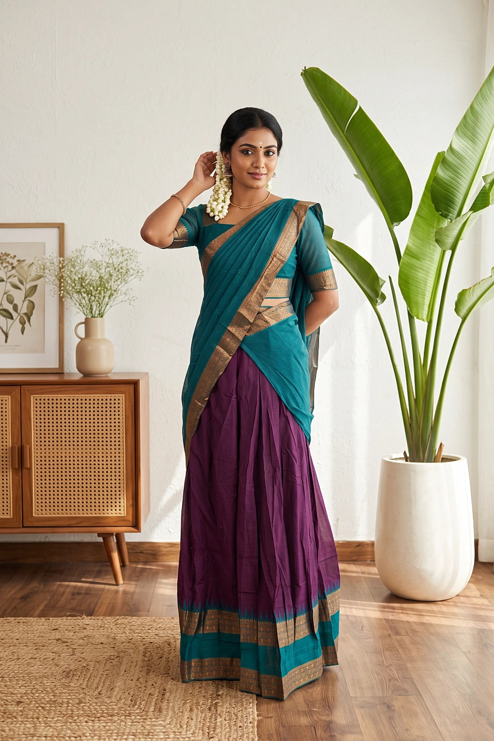 Peacock Green And Grape Wine Color Kanchi Cotton Dhavani Set