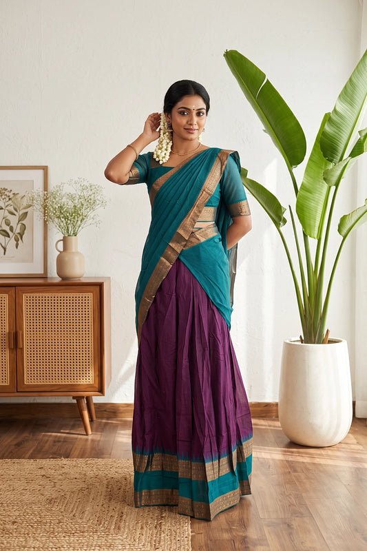 Peacock Green And Grape Wine Color Kanchi Cotton Dhavani Set - Seematti