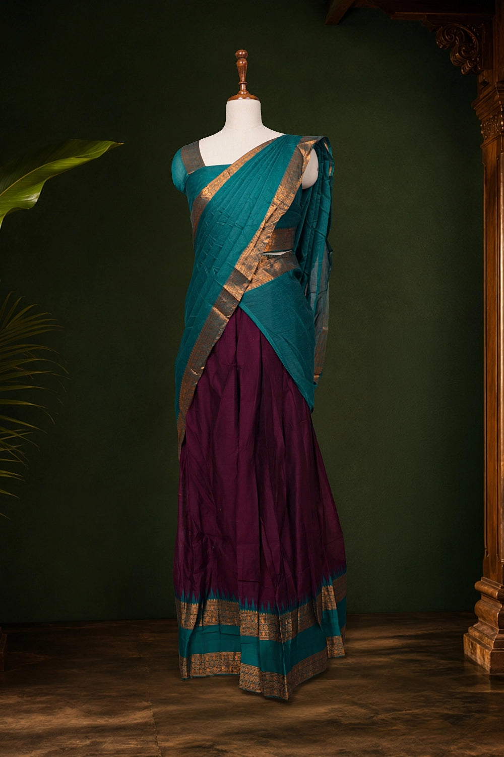 Peacock Green And Grape Wine Color Kanchi Cotton Dhavani Set