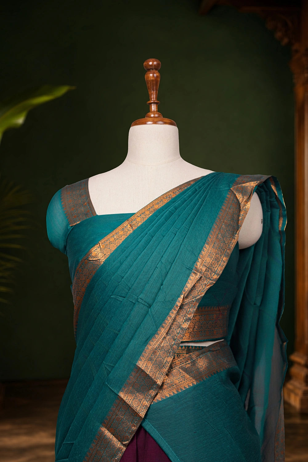 Peacock Green And Grape Wine Color Kanchi Cotton Dhavani Set