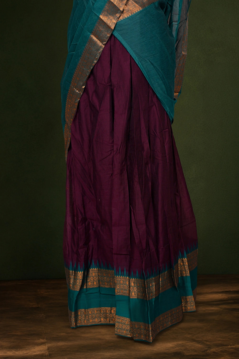 Peacock Green And Grape Wine Color Kanchi Cotton Dhavani Set