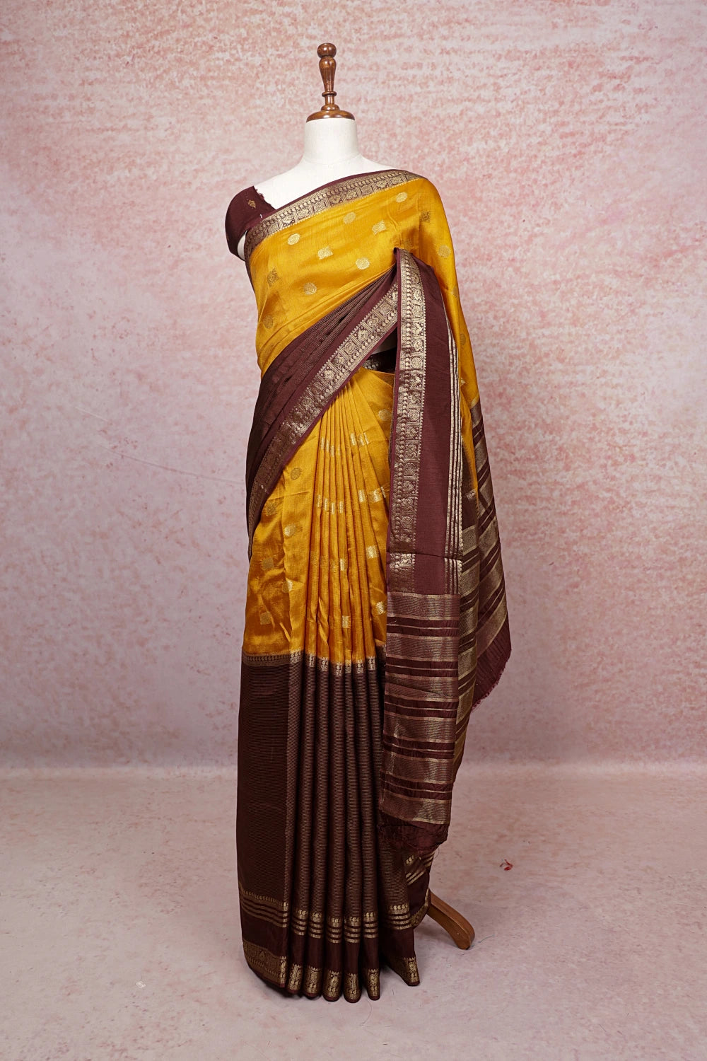 Yellow And Coffee Brown Semi Banarasi Saree