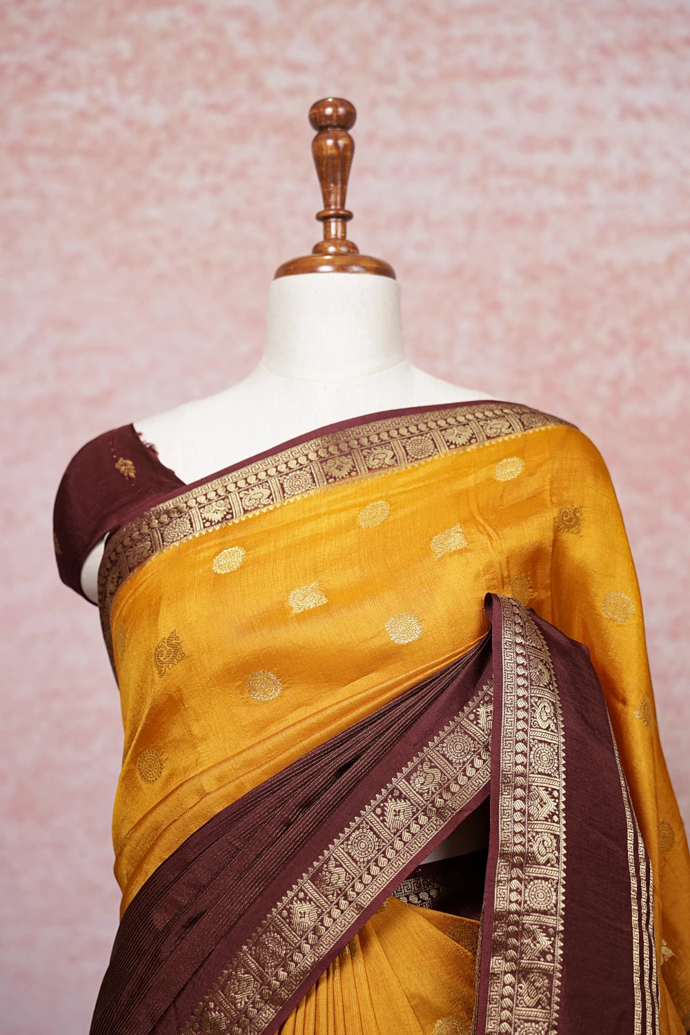 Yellow And Coffee Brown Semi Banarasi Saree