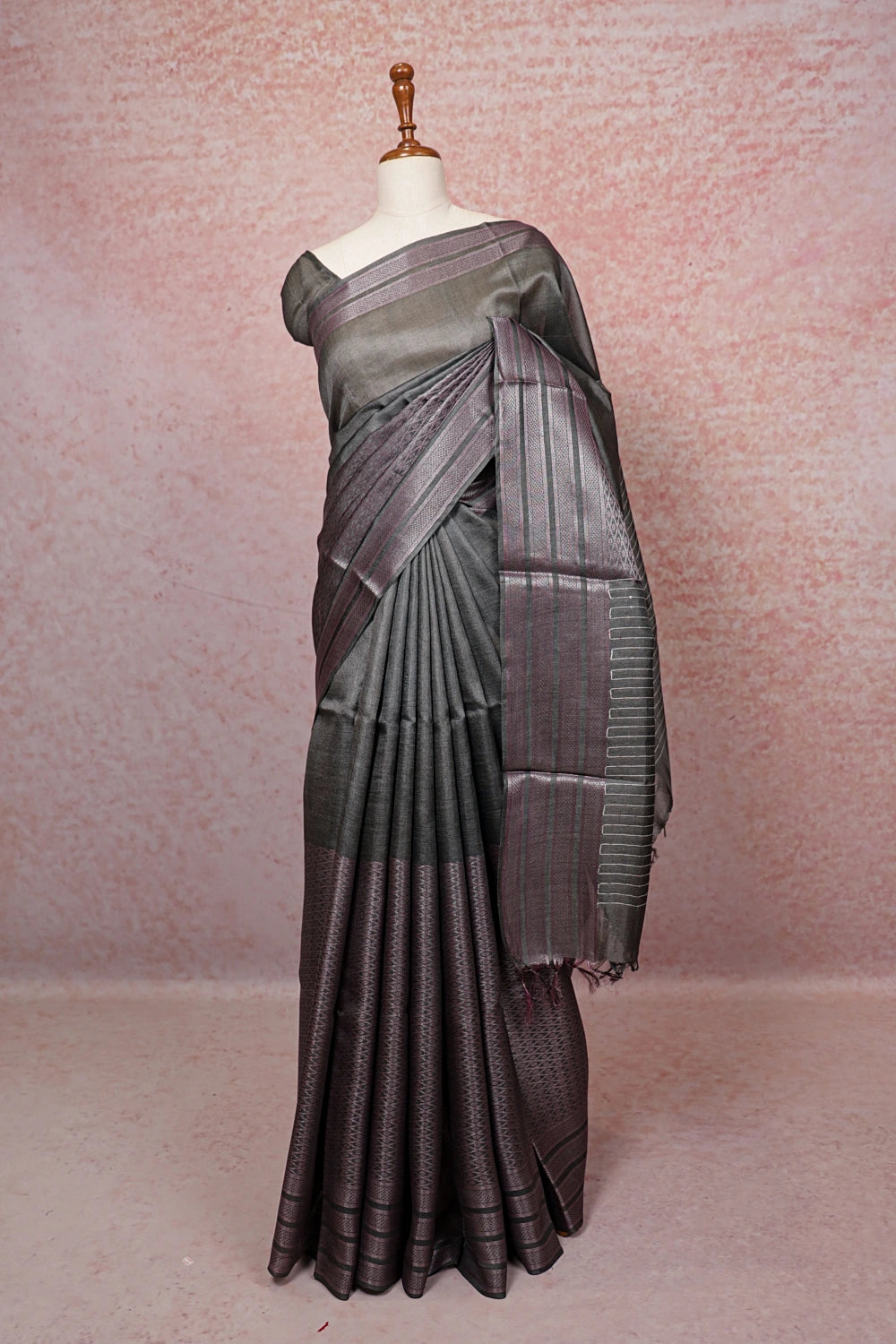 Grey Tussar Silk Saree