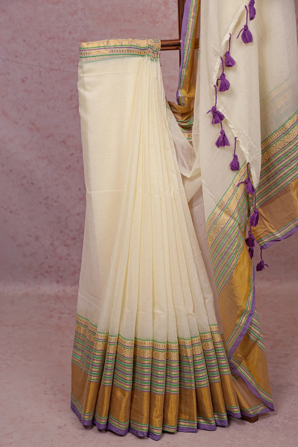 Cream Mul Cotton Kerala Saree