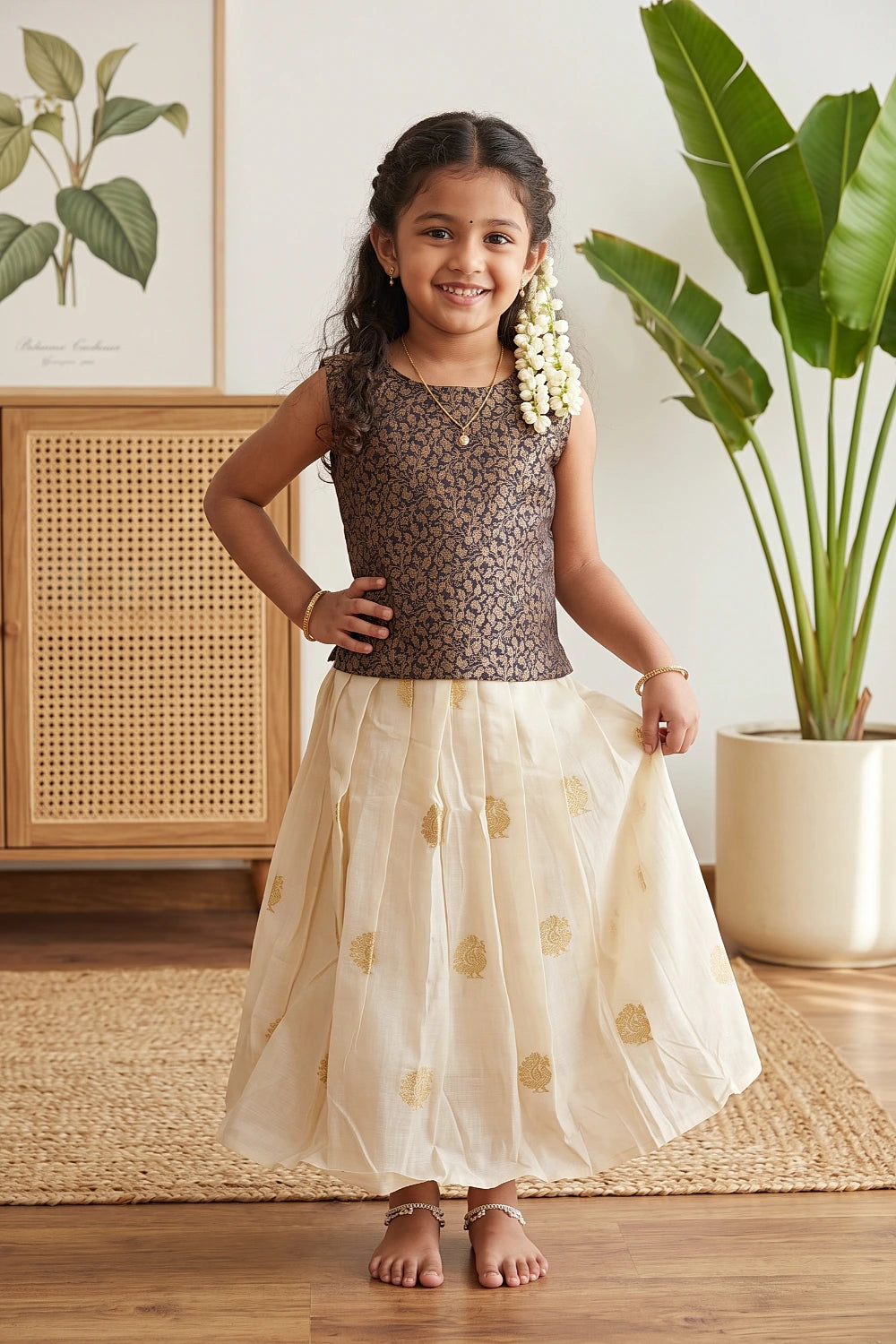 Girls Green Color Top With Golden Skirt