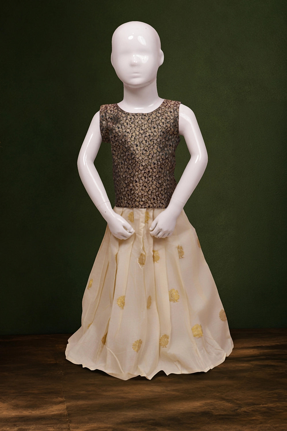 Girls Green Color Top With Golden Skirt