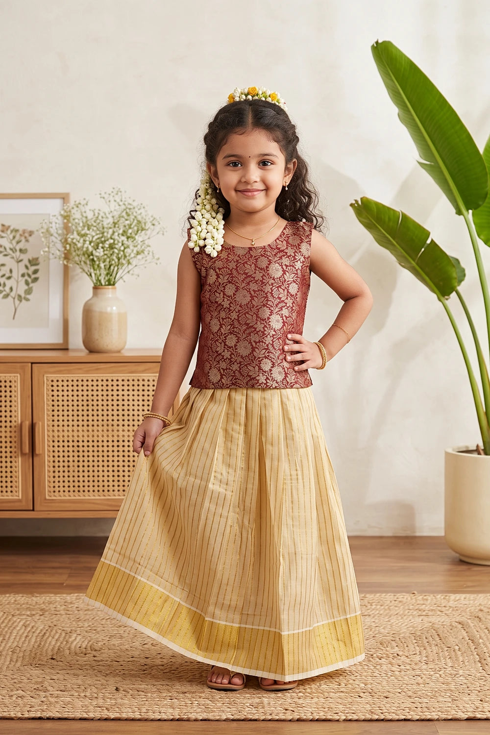 Girls Rust Color Top And Golden Skirt