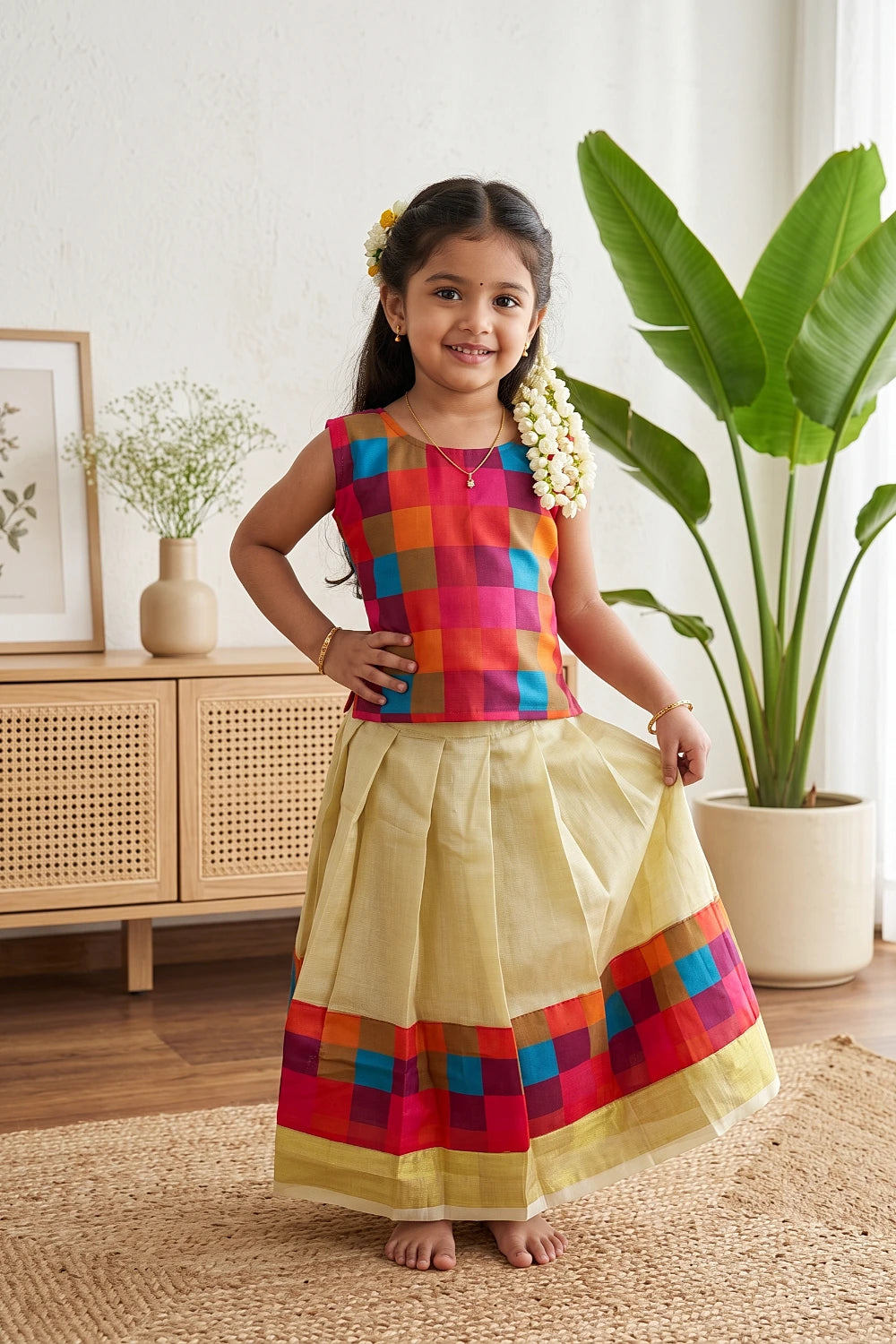 Girls Multi Colour Top With Golden Skirt