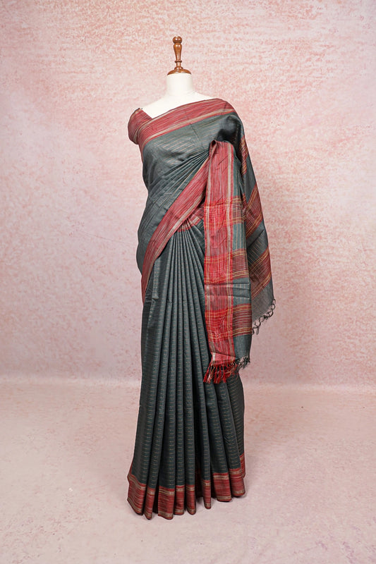 Ash Green Tussar Silk Saree