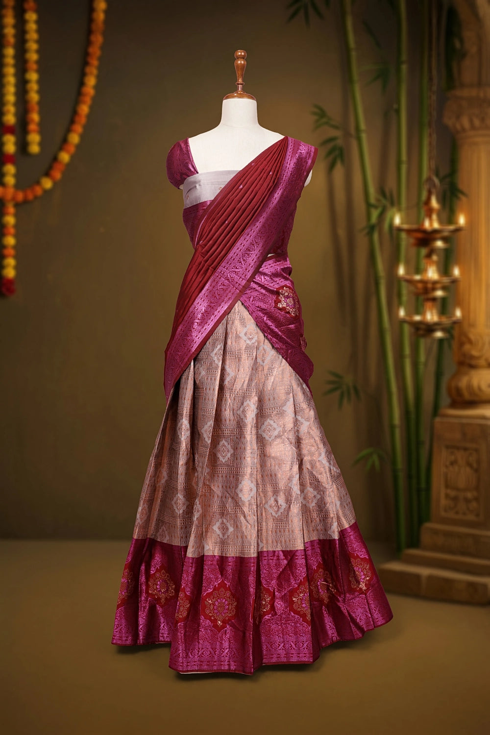 Pale Pink And Maroon Semi Silk Dhavani Set - Seematti