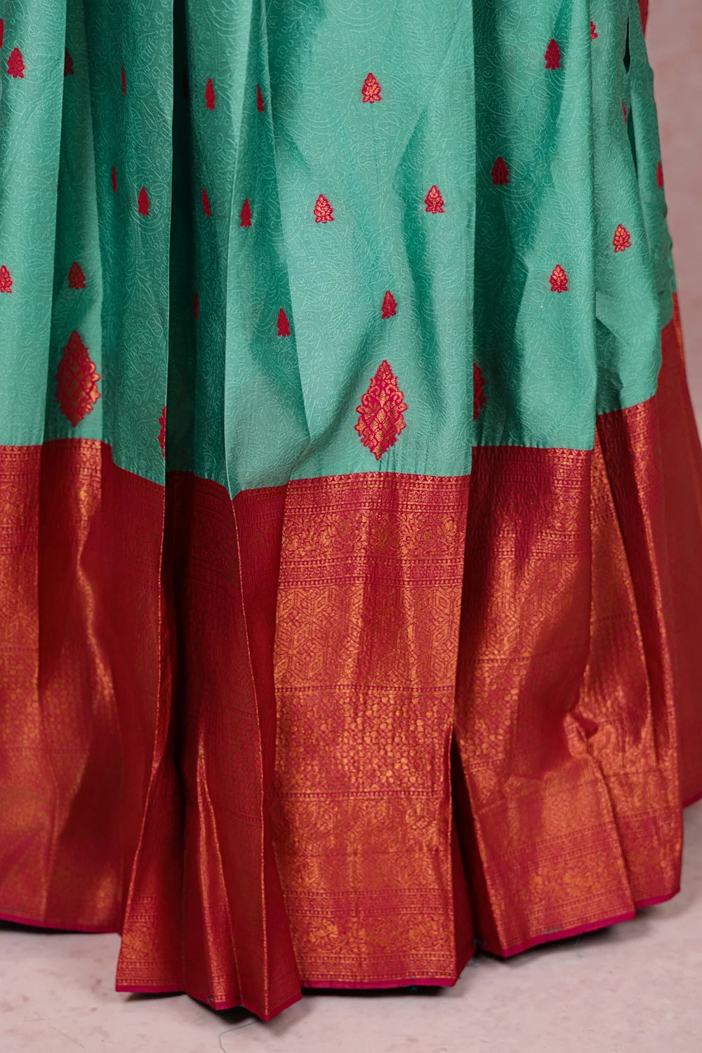 Aqua Green And Rani Pink Synthetic Brocade Dhavani Set