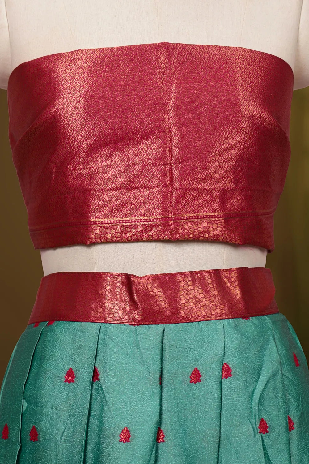 Aqua Green And Rani Pink Synthetic Brocade Dhavani Set