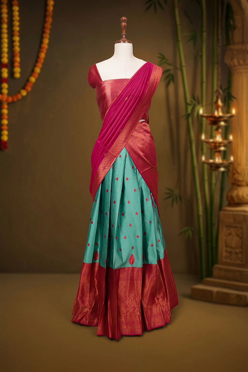 Aqua Green And Rani Pink Synthetic Brocade Dhavani Set