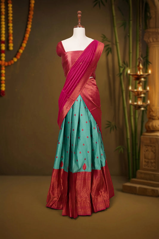 Aqua Green And Rani Pink Synthetic Brocade Dhavani Set