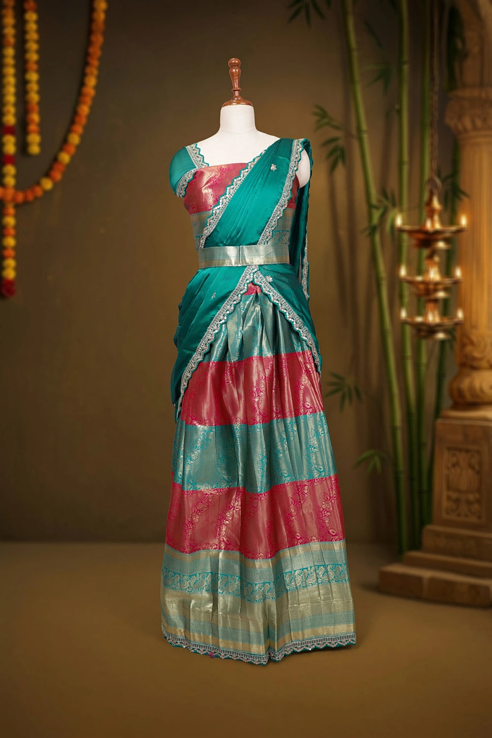 Rani Pink And Green Brocade Dhavani Set - Seematti