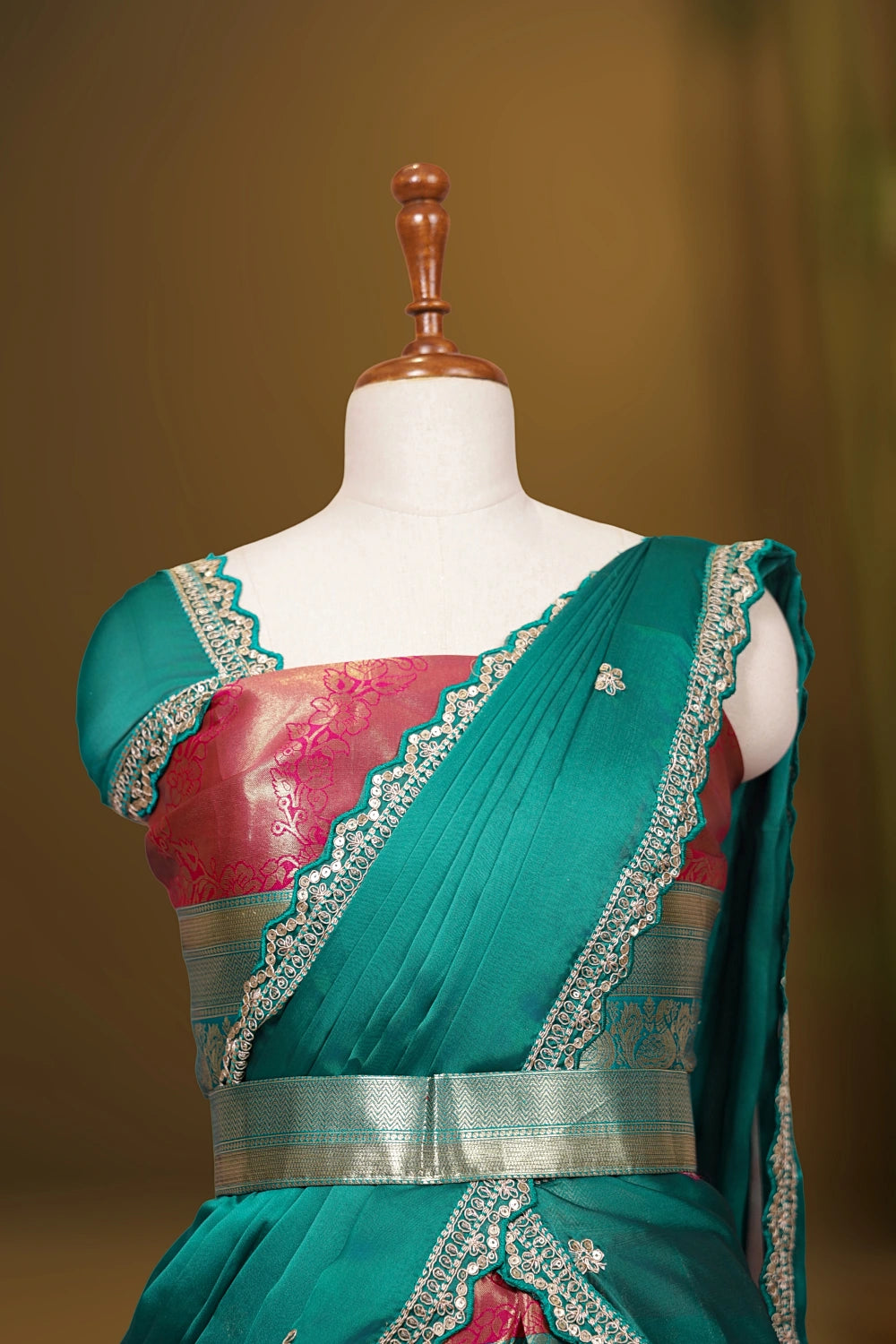 Rani Pink And Green Brocade Dhavani Set - Seematti