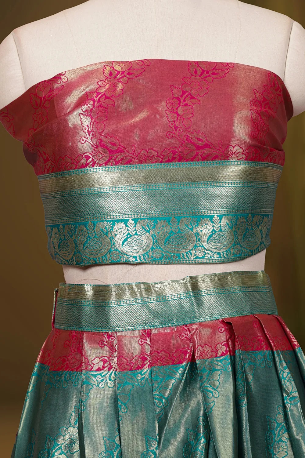 Rani Pink And Green Brocade Dhavani Set - Seematti