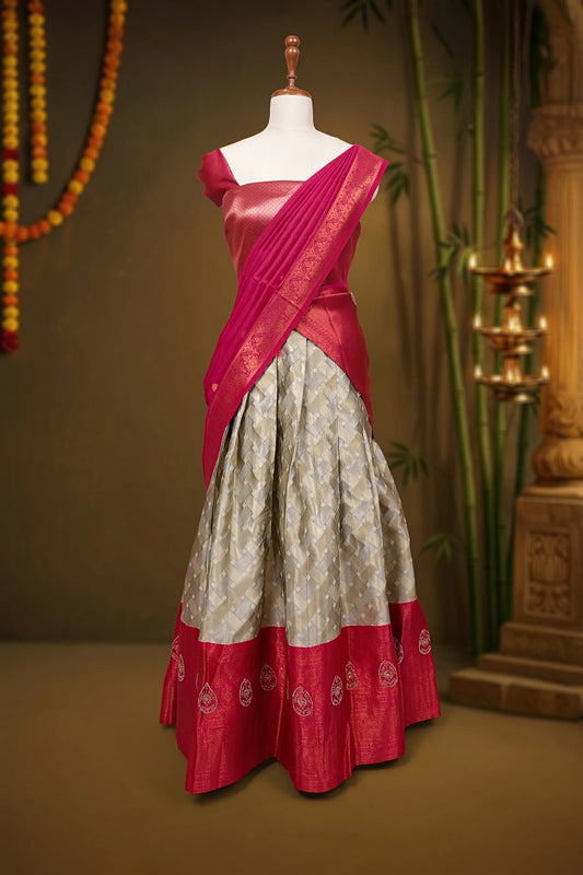 Pastel Nude And Rani Pink Color Brocade Dhavani Set