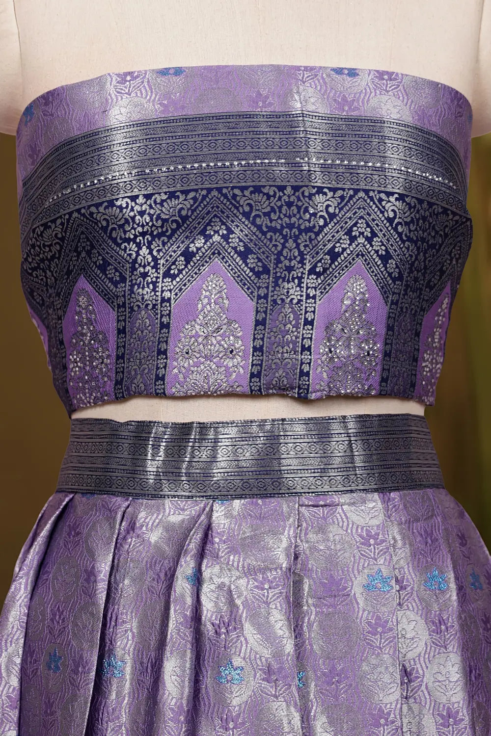 Lavender And Navy Blue Synthetic Brocade Dhavani Set - Seematti