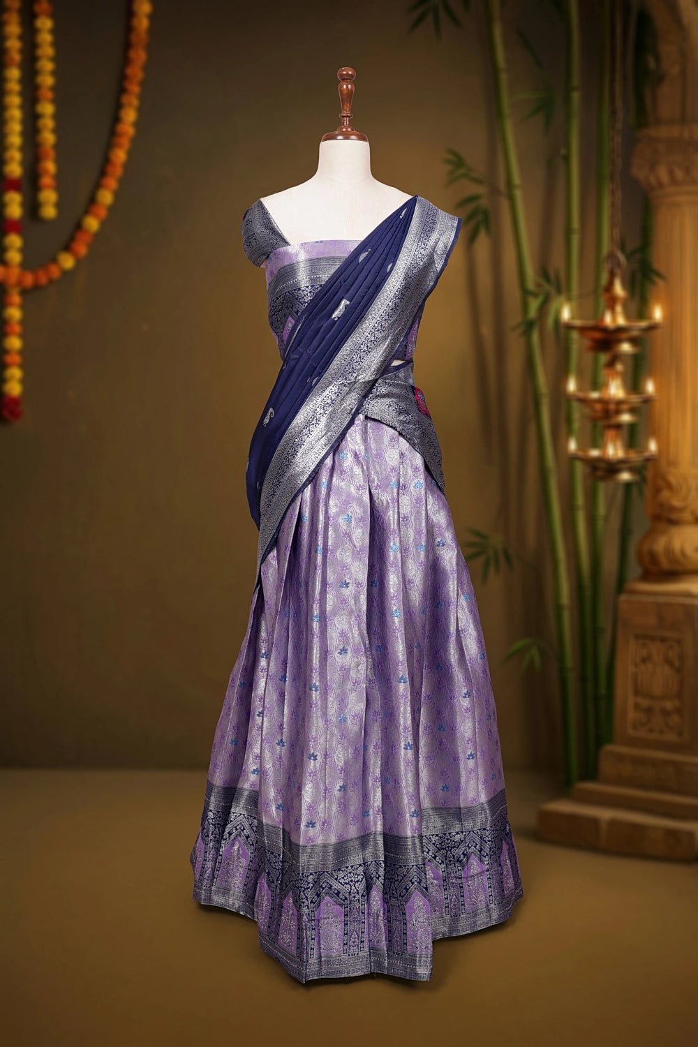 Lavender And Navy Blue Synthetic Brocade Dhavani Set - Seematti
