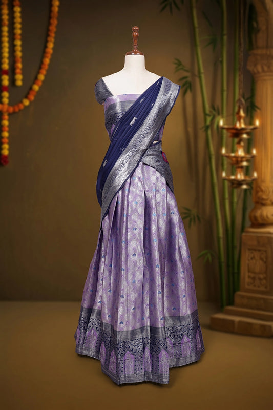 Lavender And Navy Blue Brocade Dhavani Set