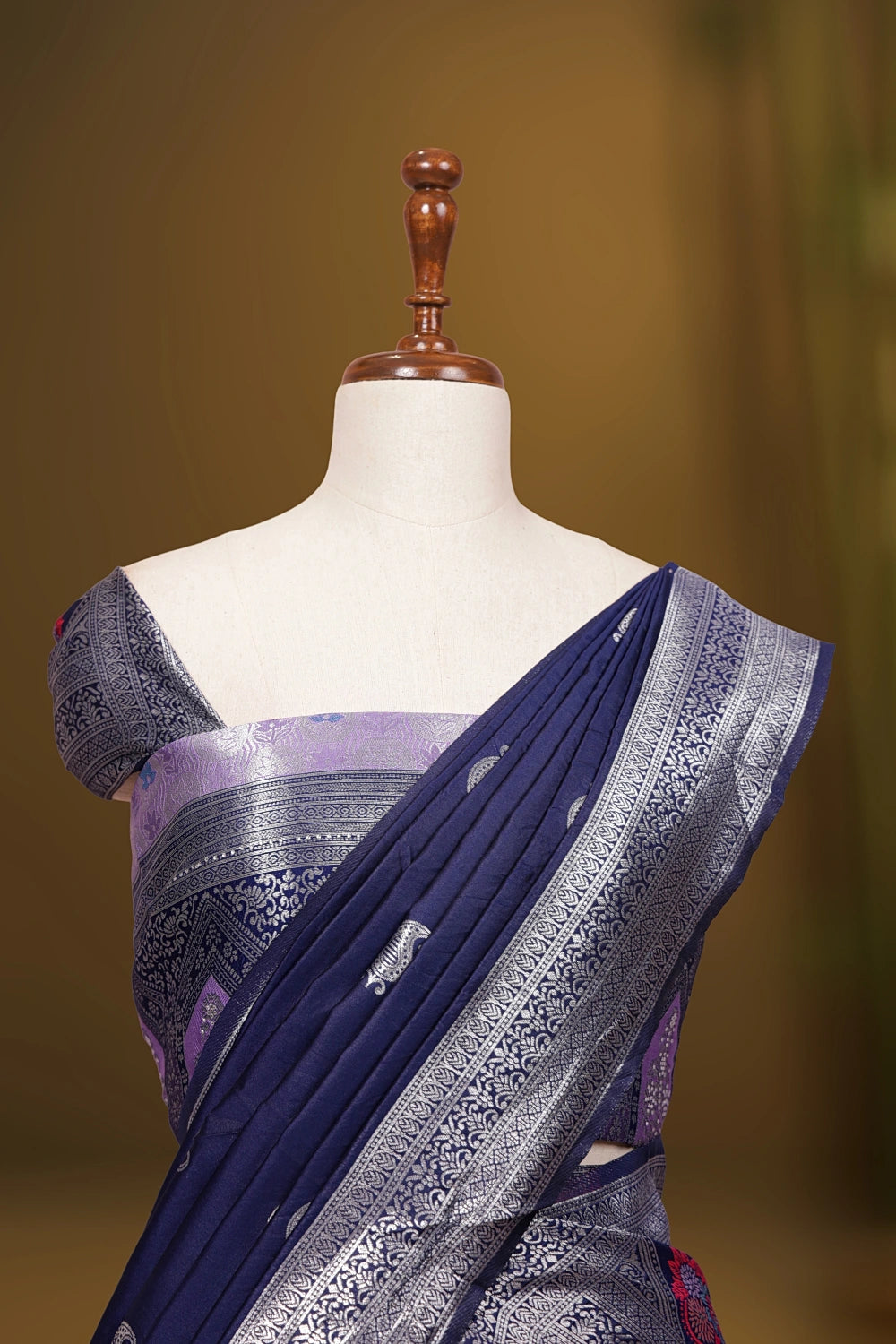 Lavender And Navy Blue Synthetic Brocade Dhavani Set - Seematti