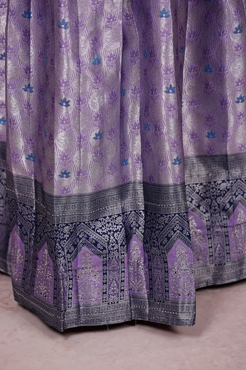 Lavender And Navy Blue Synthetic Brocade Dhavani Set - Seematti