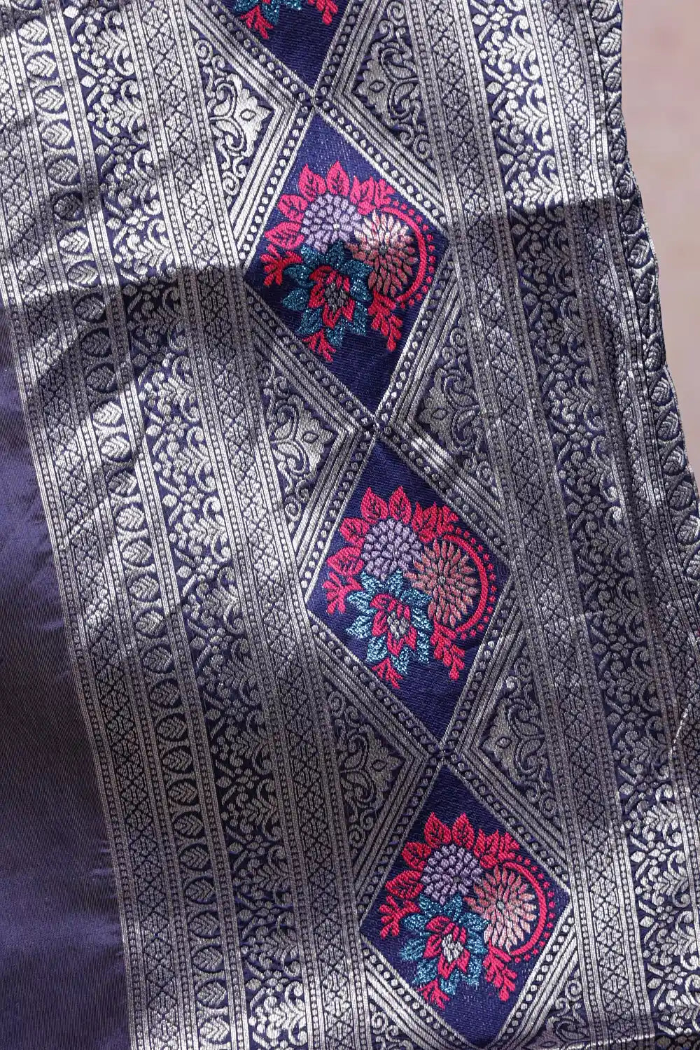 Lavender And Navy Blue Synthetic Brocade Dhavani Set - Seematti