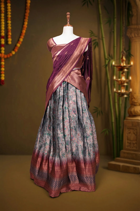 Ice Blue And Wine Synthetic Brocade Dhavani Set - Seematti