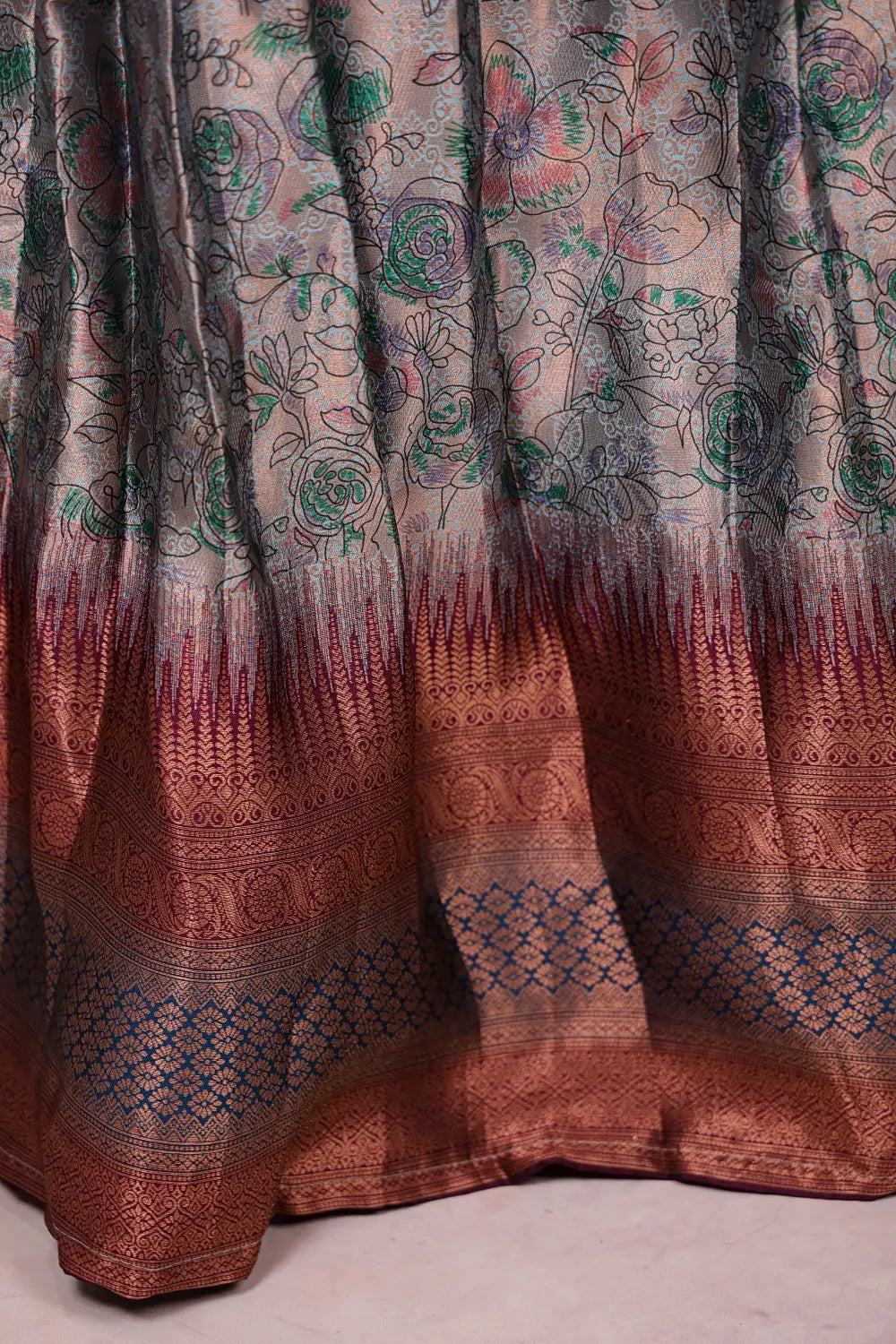 Ice Blue And Wine Synthetic Brocade Dhavani Set - Seematti
