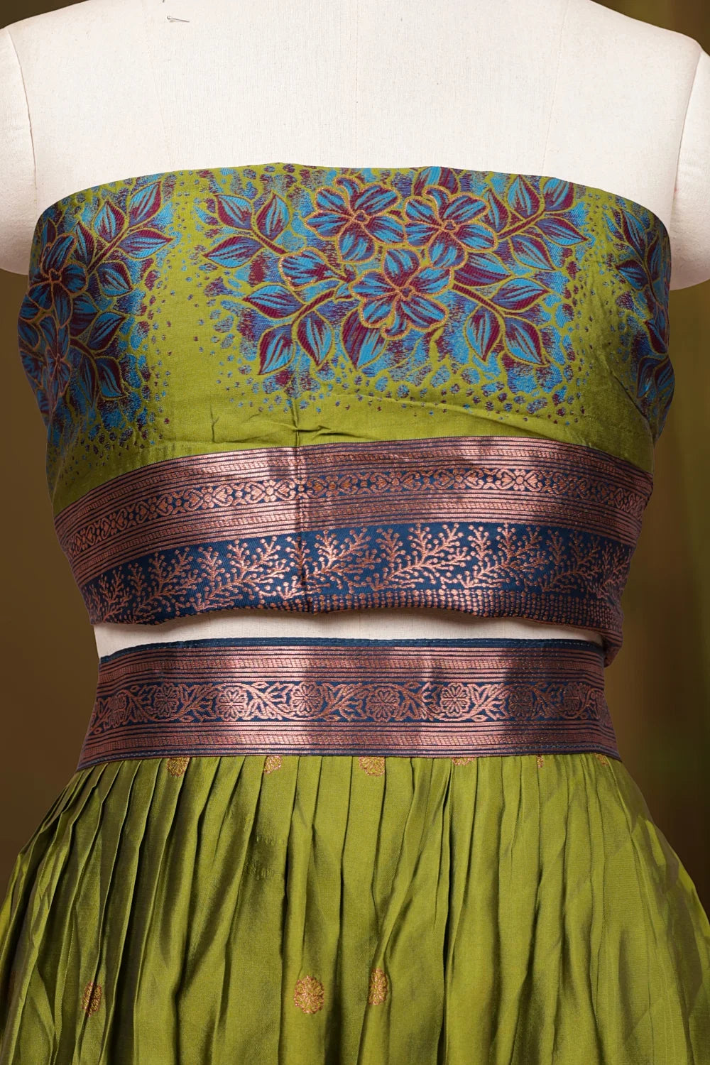 Mehandi Green And Teal Blue Semi Silk Dhavani Set