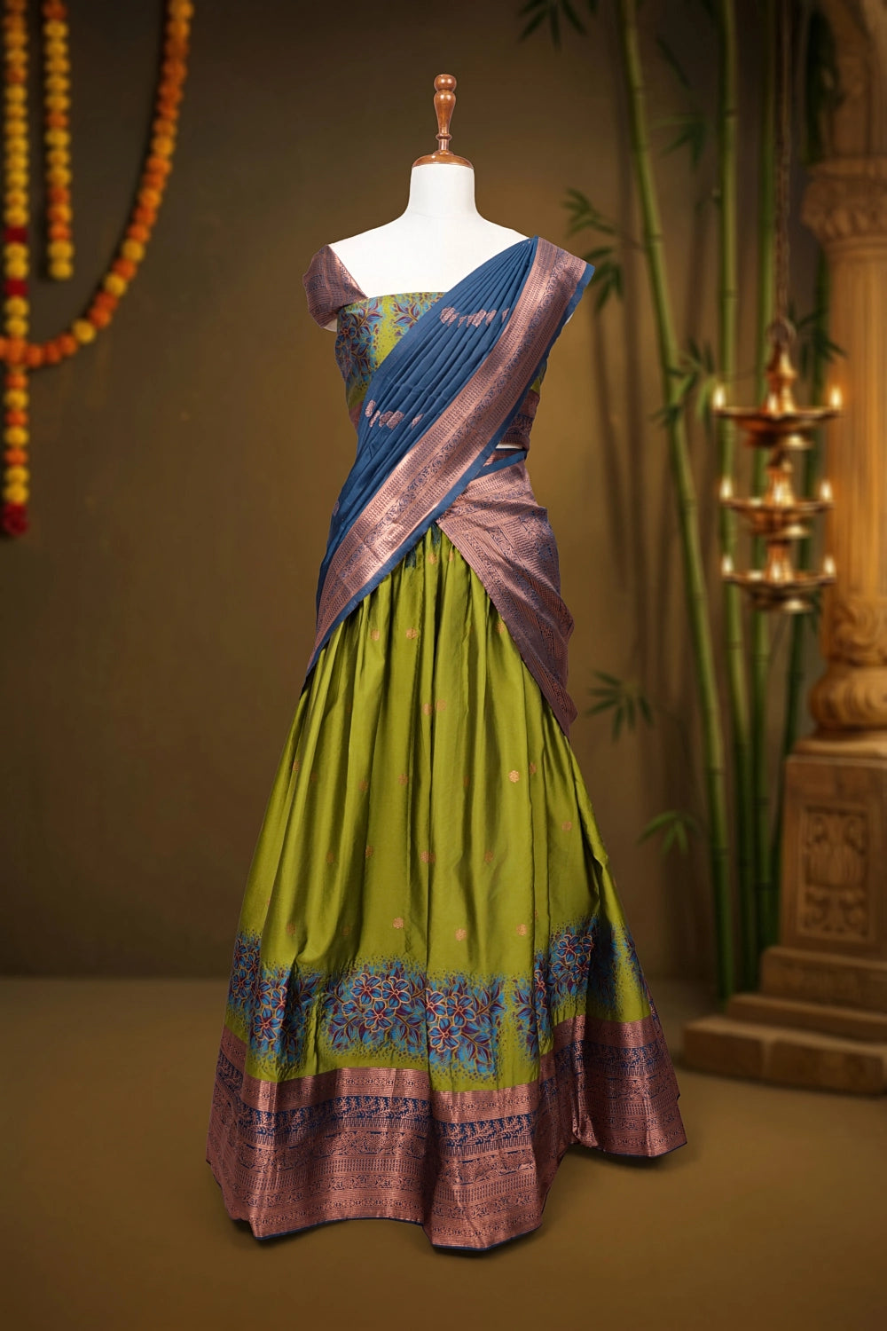 Mehandi Green And Teal Blue Semi Silk Dhavani Set
