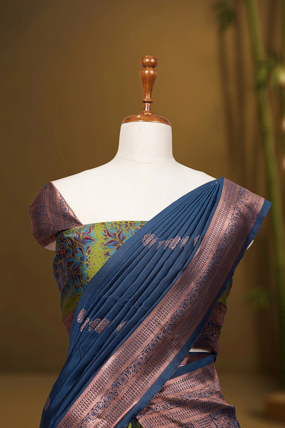 Mehandi Green And Teal Blue Semi Silk Dhavani Set