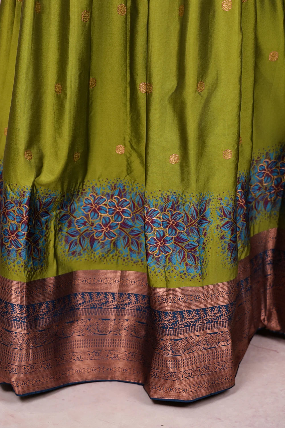 Mehandi Green And Teal Blue Semi Silk Dhavani Set