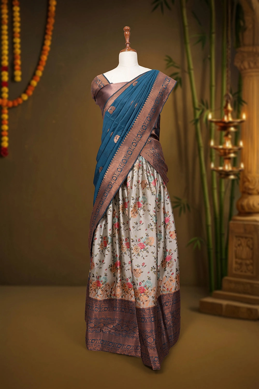 Grey And Deep Sea Blue Synthetic Brocade Dhavani Set