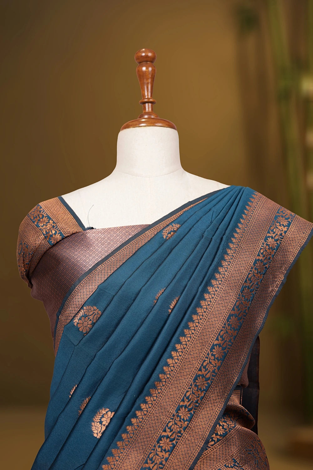 Grey And Deep Sea Blue Synthetic Brocade Dhavani Set