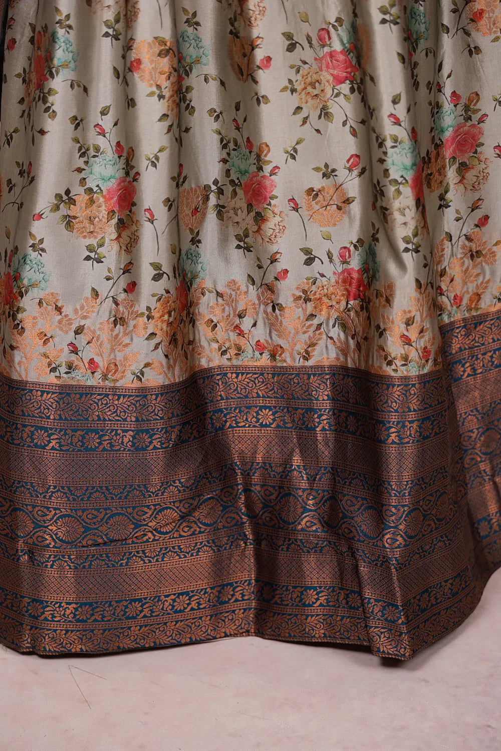 Grey And Deep Sea Blue Synthetic Brocade Dhavani Set