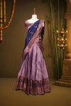 Lavender And Navy Blue Synthetic Brocade Dhavani Set - Seematti