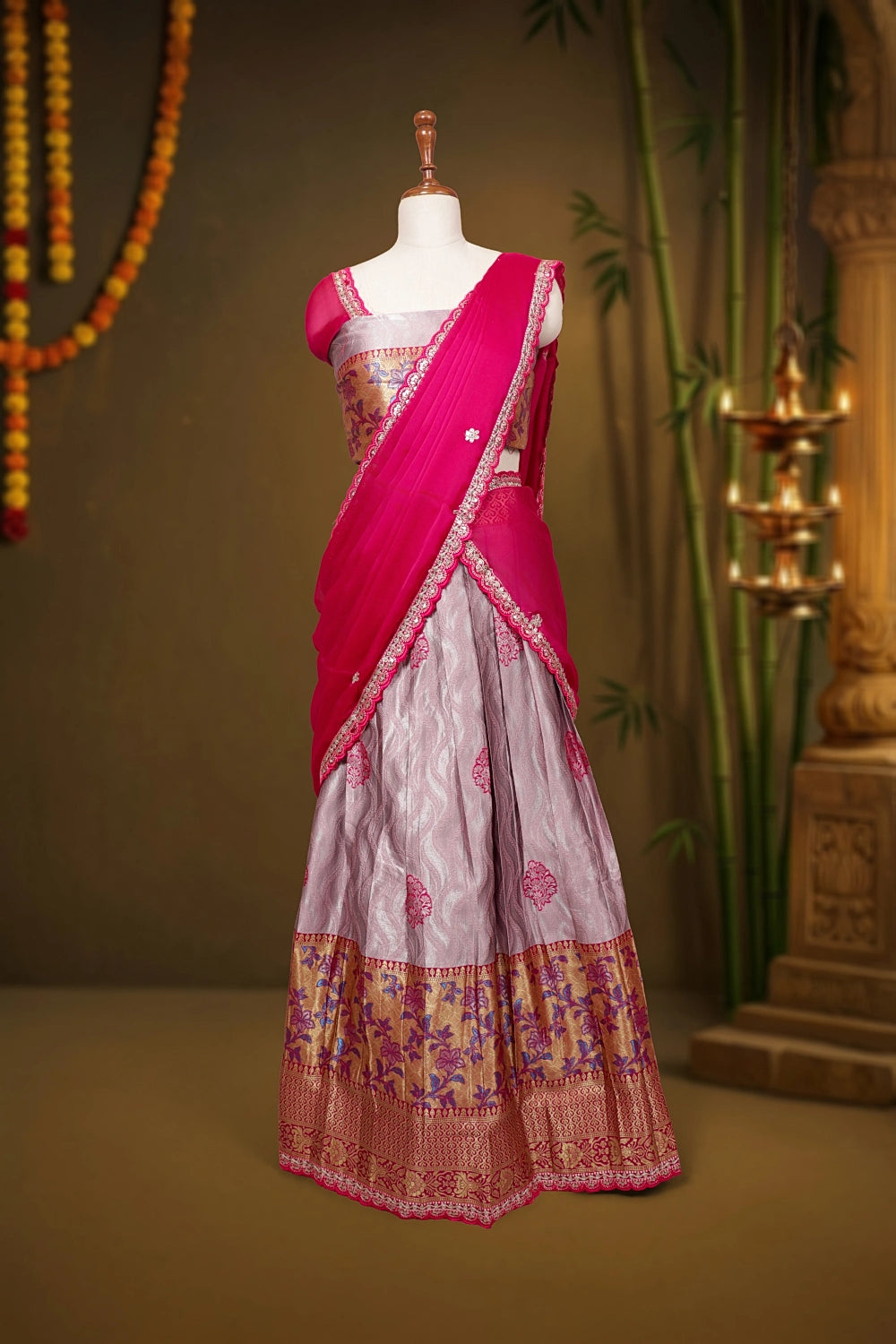 Onion Pink Color Synthetic Brocade Dhavani Set - Seematti