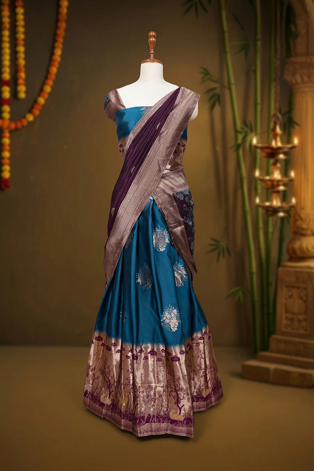 Teal Blue And Wine Purple Synthetic Silk Dhavani Set