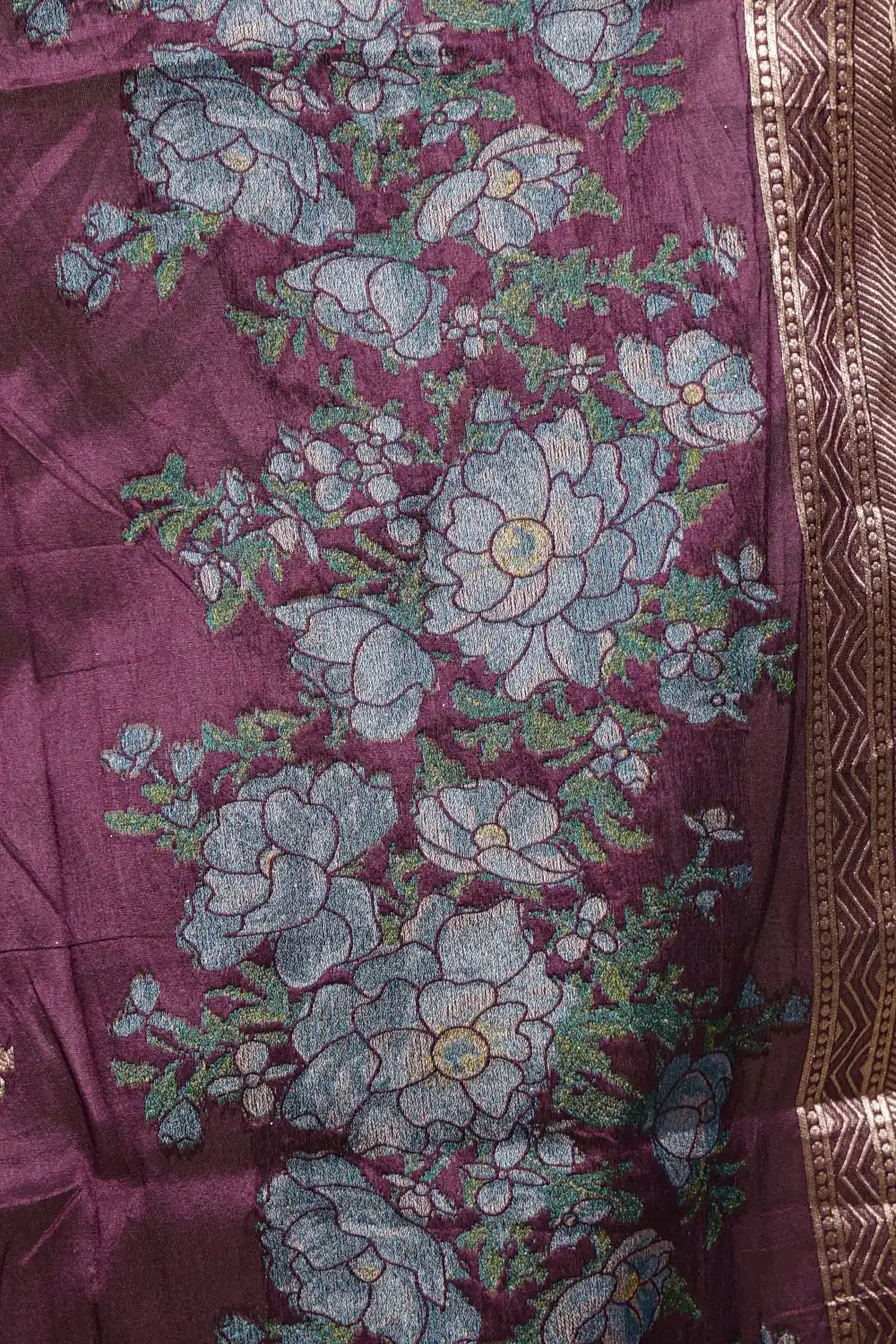 Teal Blue And Wine Purple Synthetic Silk Dhavani Set