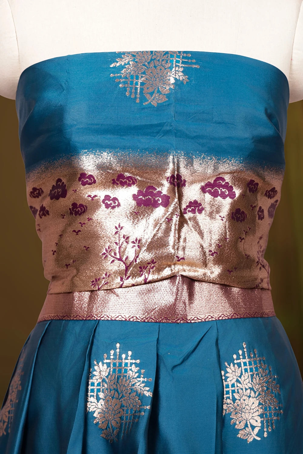 Teal Blue And Wine Purple Synthetic Silk Dhavani Set