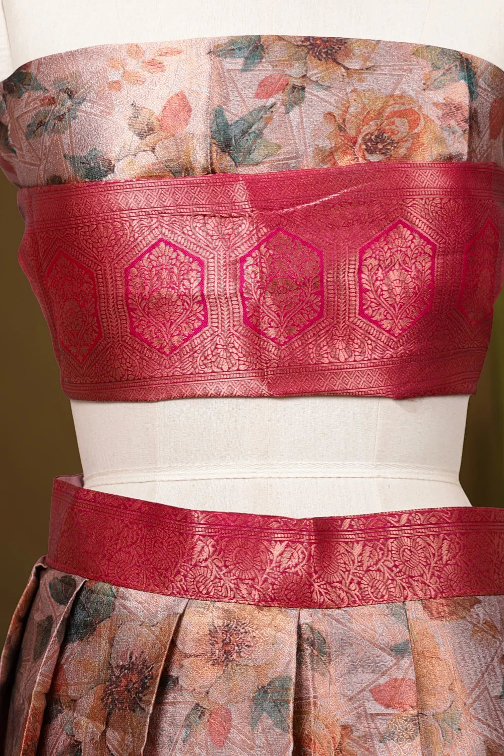 Olive Milk And Rani Pink Synthetic Borcade Dhavani Set - Seematti
